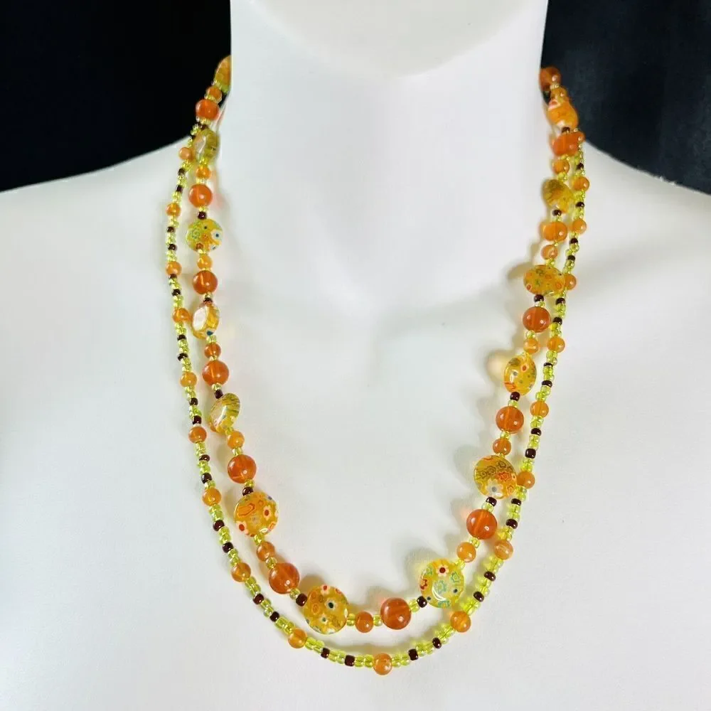 Vintage Antique 2 Strand Venetian Murano Millefiori Art Glass Sterling Necklace